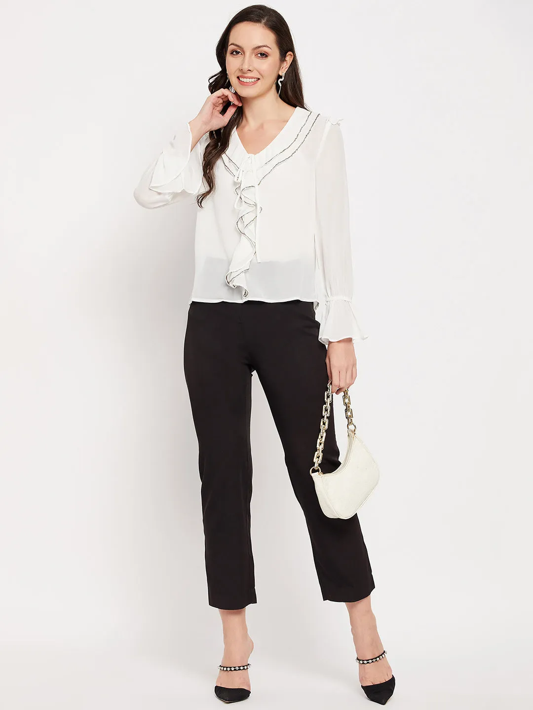Camla Barcelona Ruffle Detailed White Striped Top