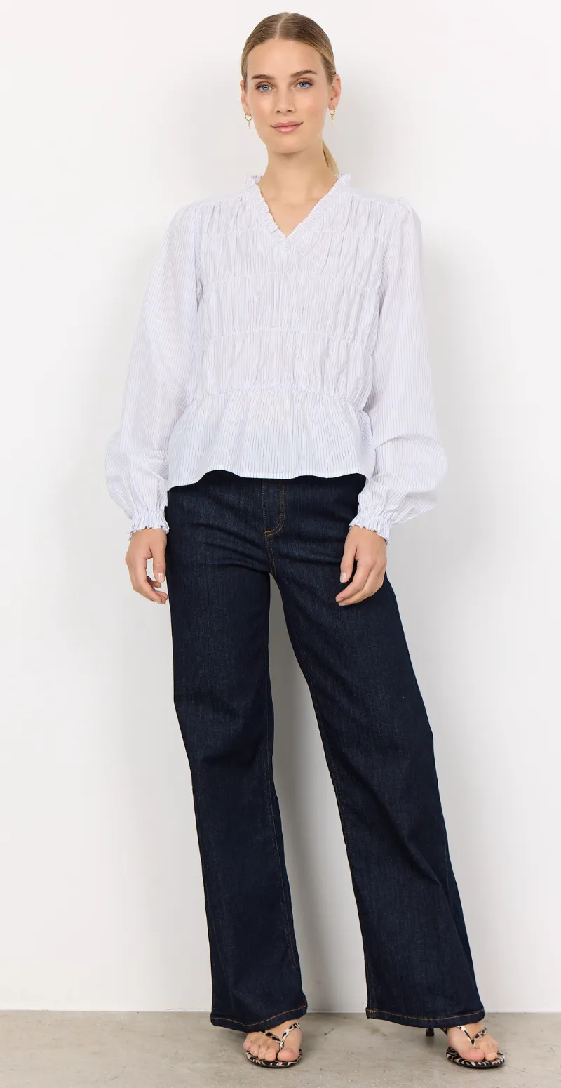 Celeste bluse med smock og nålestrib hvid