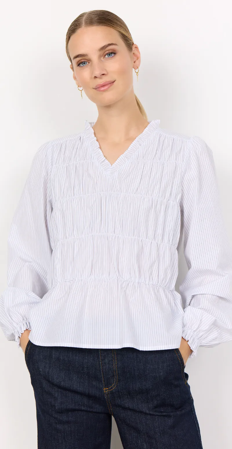 Celeste bluse med smock og nålestrib hvid