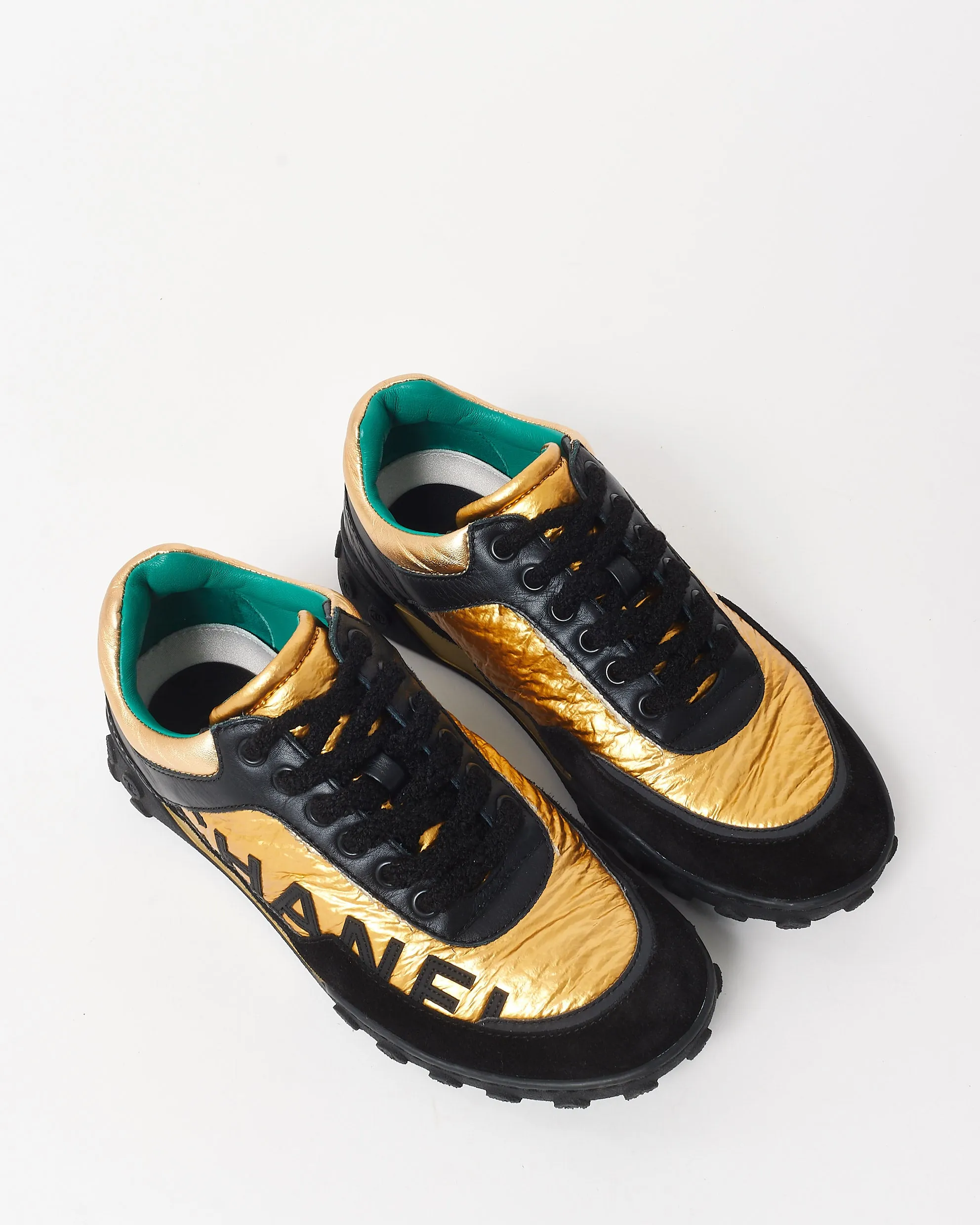 Chanel Black Gold & Teal Logo Sneakers - 35.5