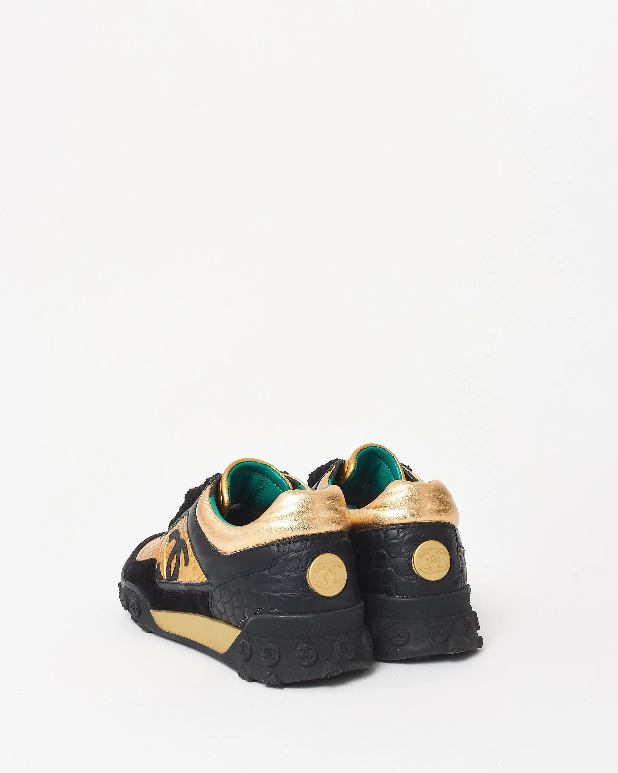 Chanel Black Gold & Teal Logo Sneakers - 35.5
