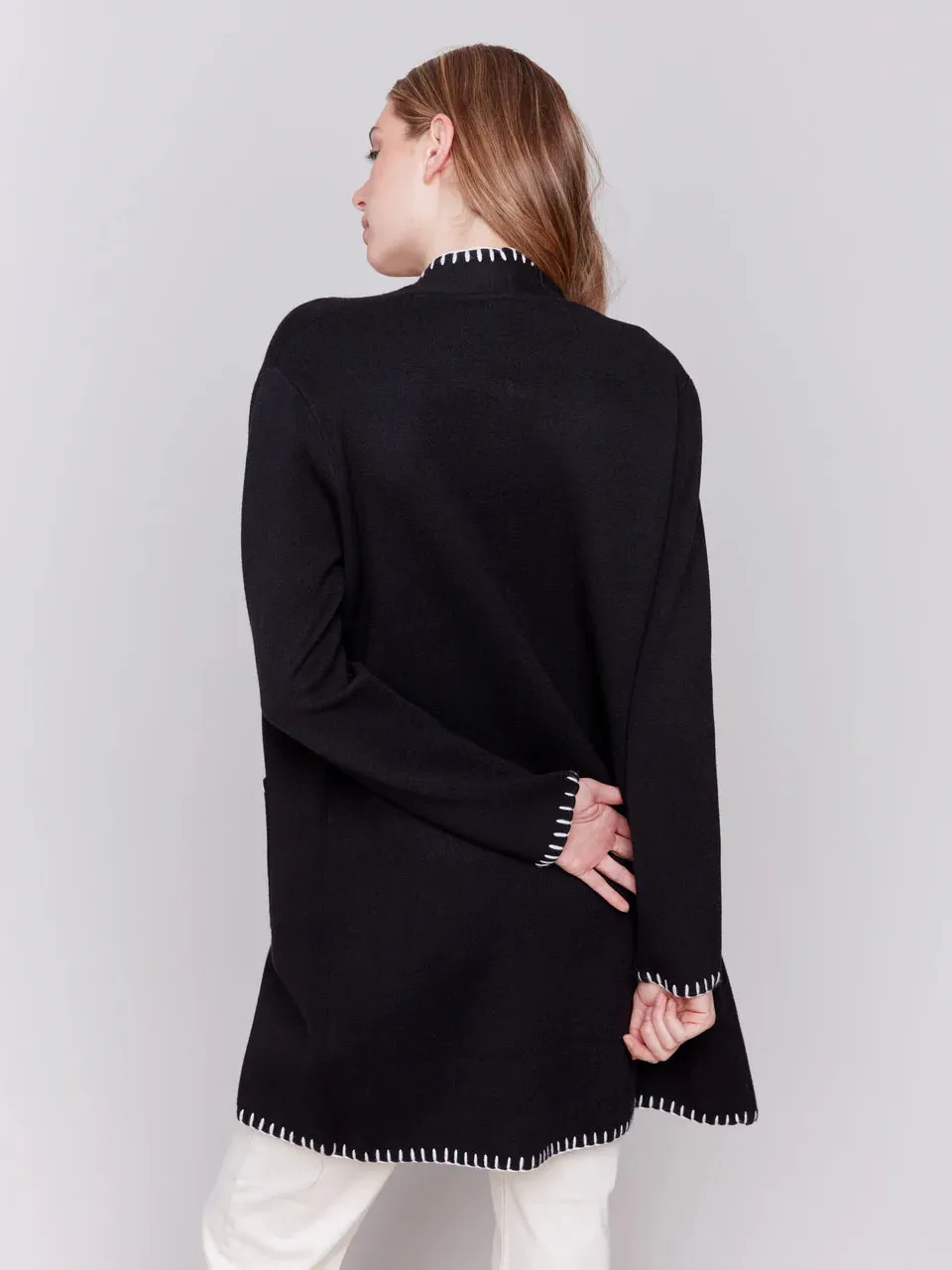 Charlie B Blanket Stitch Long Cardigan Black