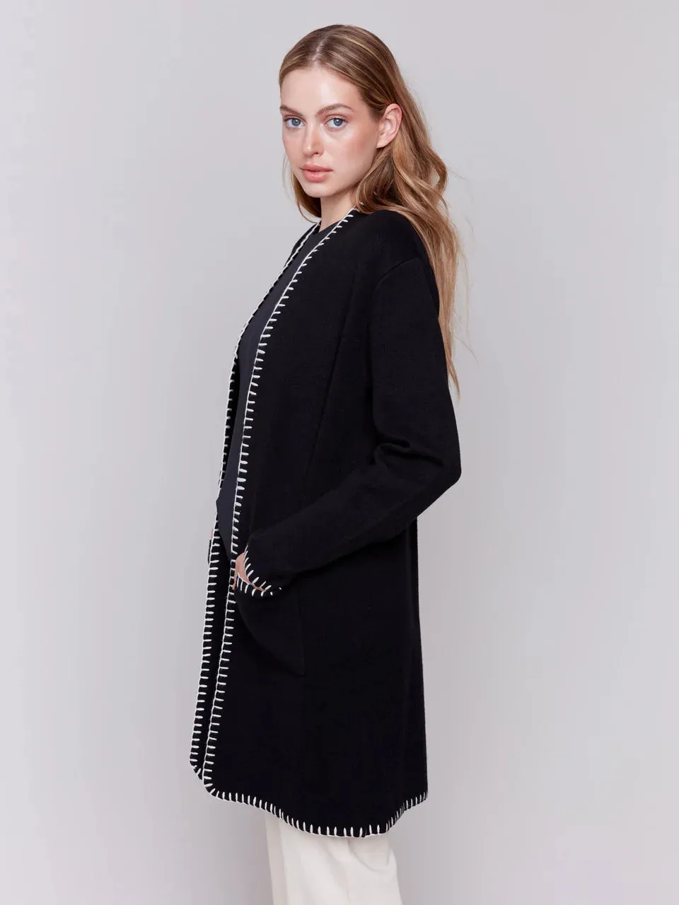 Charlie B Blanket Stitch Long Cardigan Black