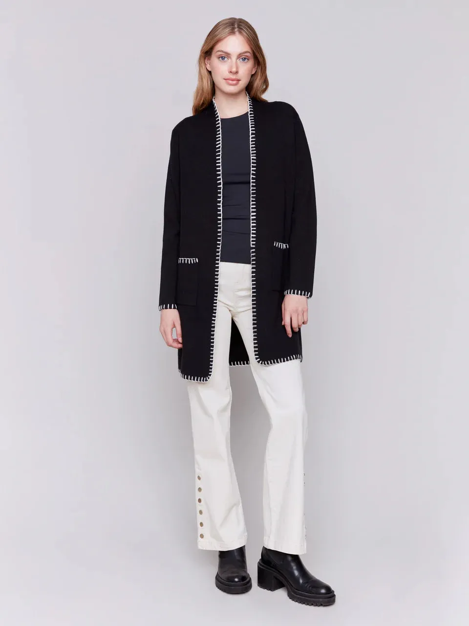 Charlie B Blanket Stitch Long Cardigan Black