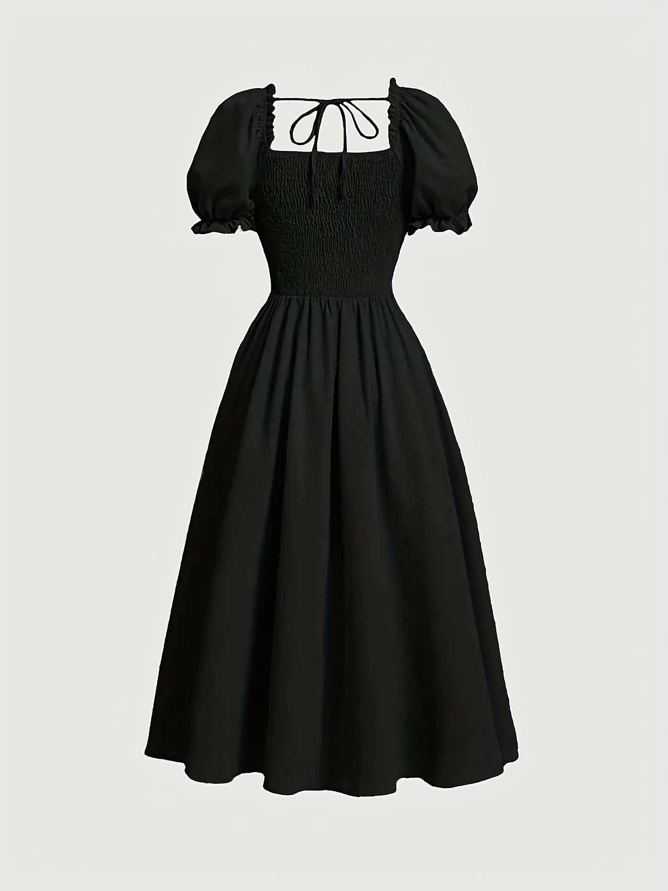 Chic Ruched Trim A-Line Dress – Puff Sleeve, Tie Back & Square Neck