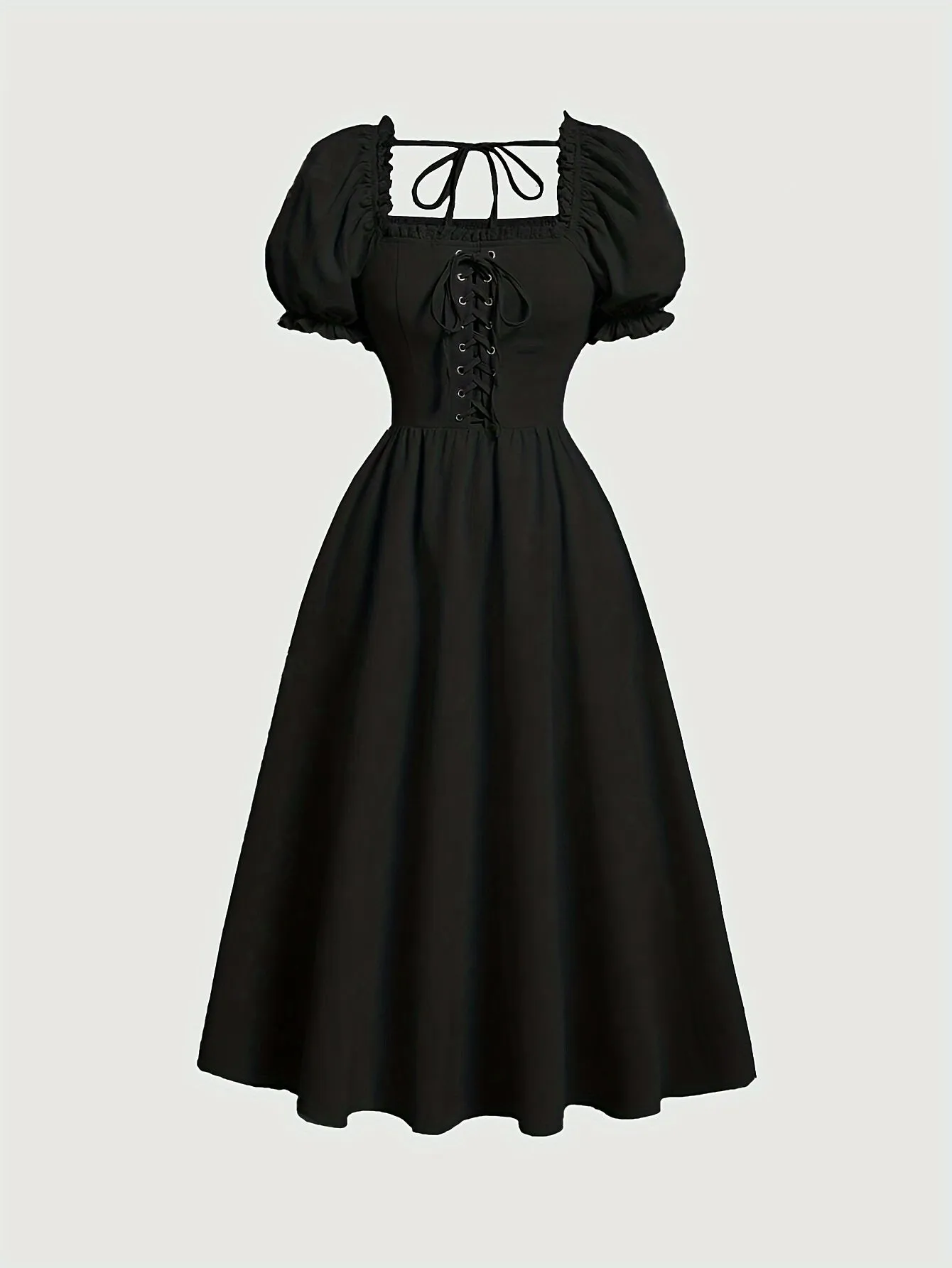 Chic Ruched Trim A-Line Dress – Puff Sleeve, Tie Back & Square Neck