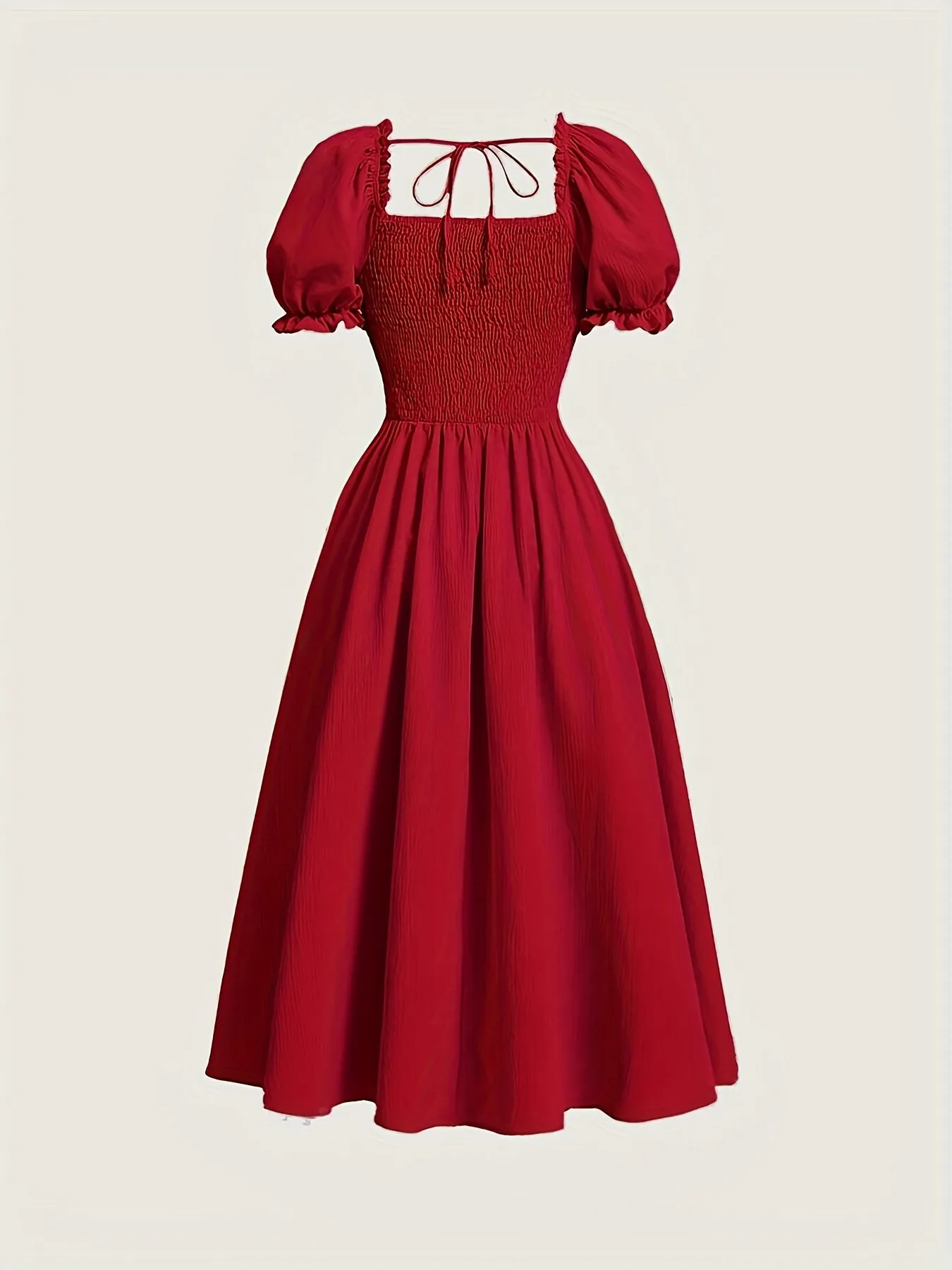 Chic Ruched Trim A-Line Dress – Puff Sleeve, Tie Back & Square Neck
