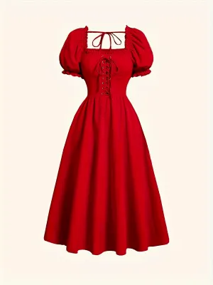 Chic Ruched Trim A-Line Dress – Puff Sleeve, Tie Back & Square Neck