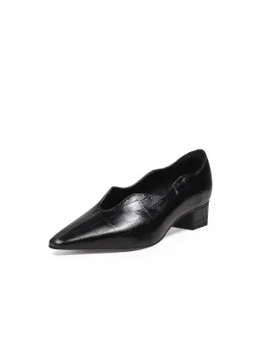 Color-Block Croc-Embossed Genuine Leather Point Toe Mid Heel Pumps - Black