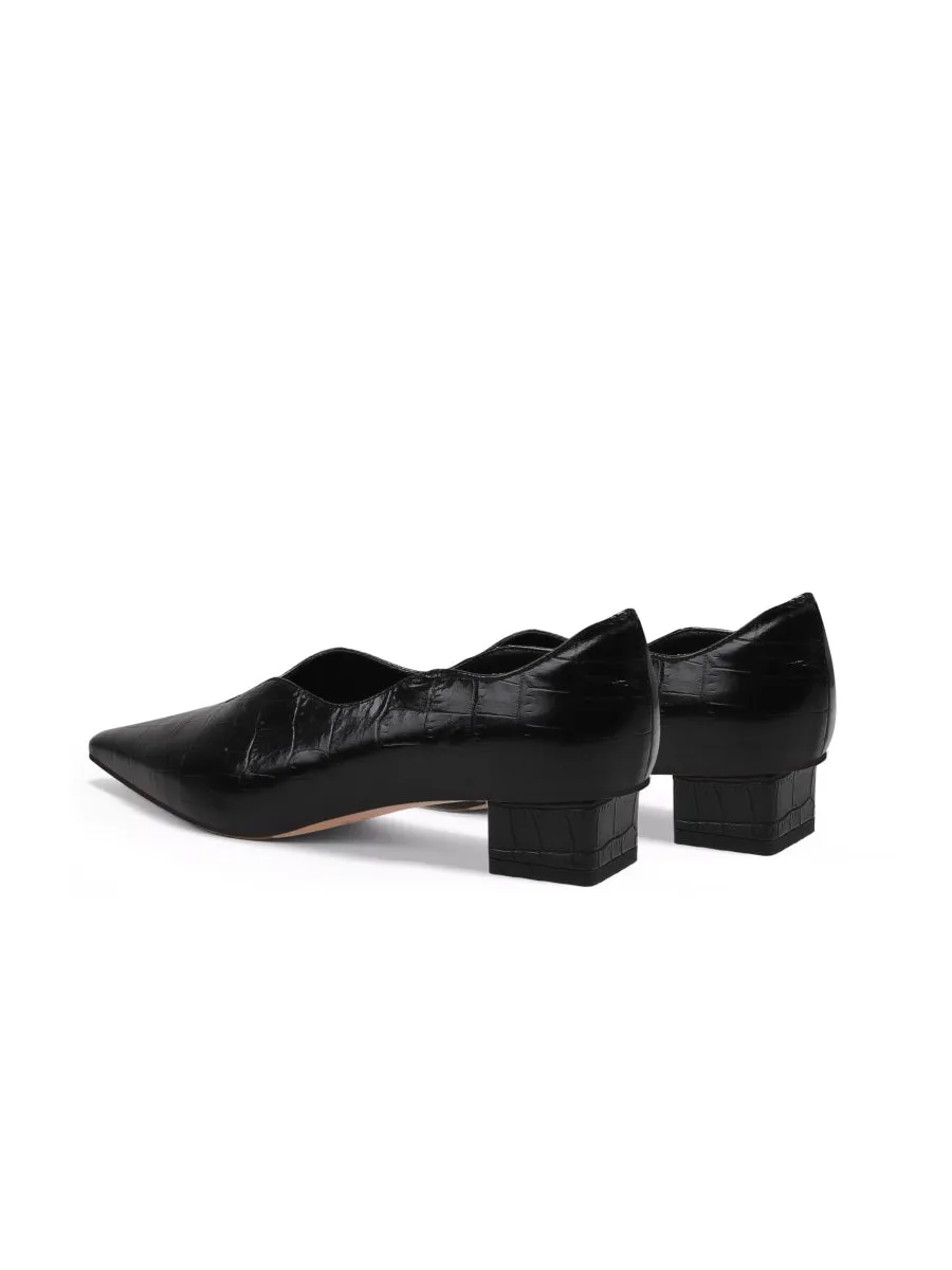 Color-Block Croc-Embossed Genuine Leather Point Toe Mid Heel Pumps - Black
