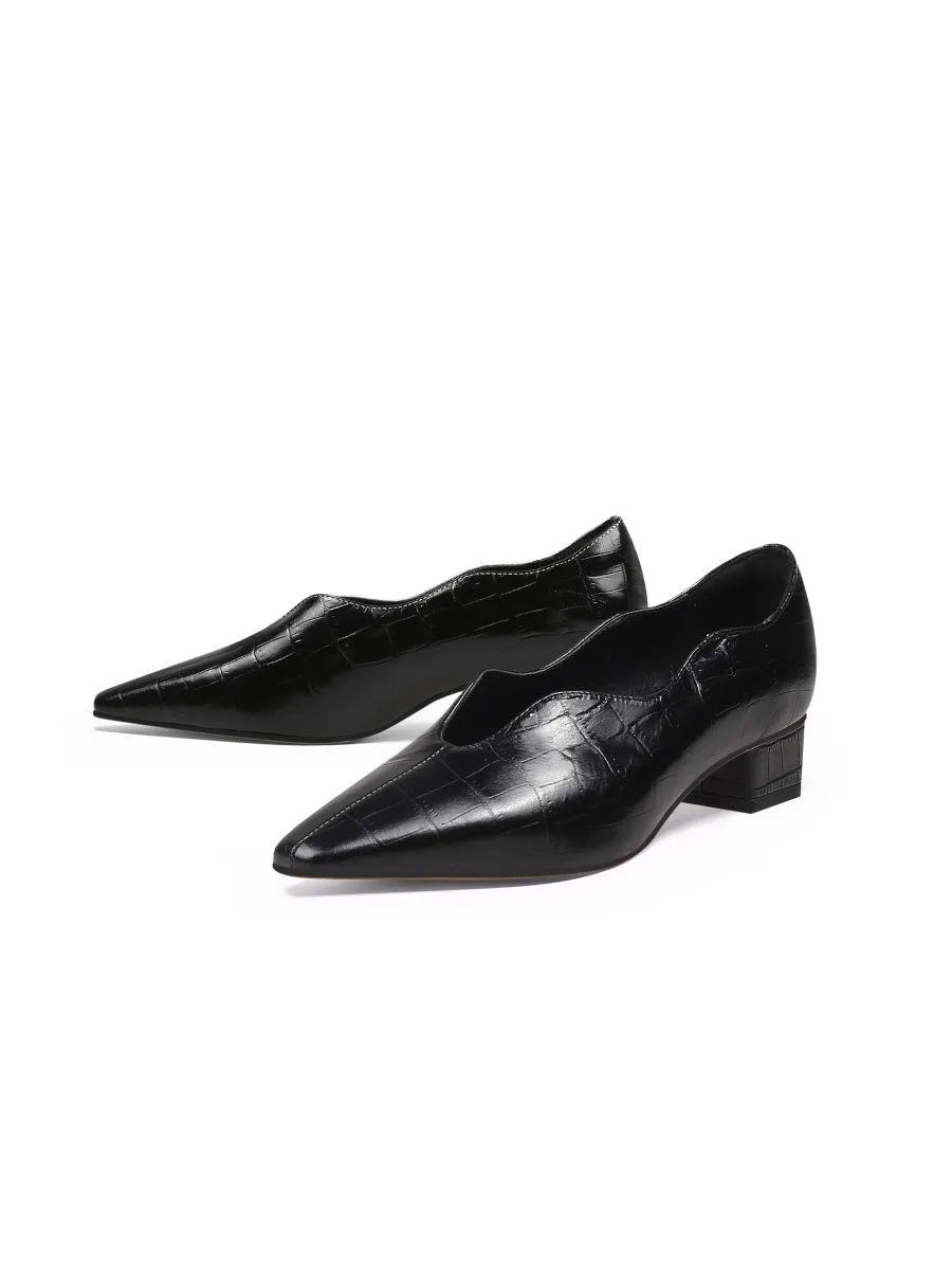 Color-Block Croc-Embossed Genuine Leather Point Toe Mid Heel Pumps - Black