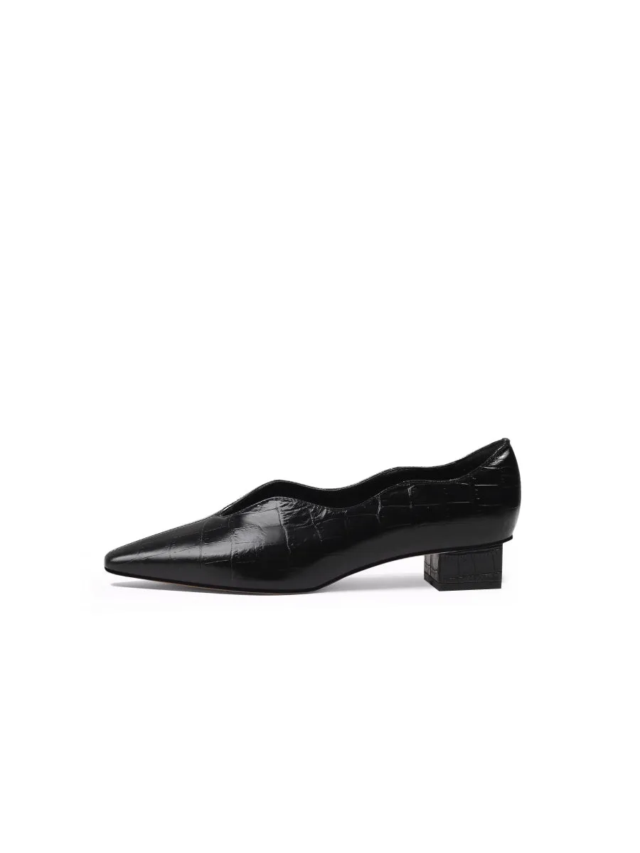 Color-Block Croc-Embossed Genuine Leather Point Toe Mid Heel Pumps - Black