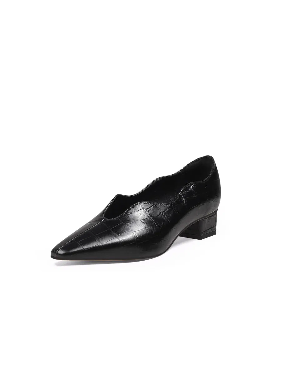 Color-Block Croc-Embossed Genuine Leather Point Toe Mid Heel Pumps - Black