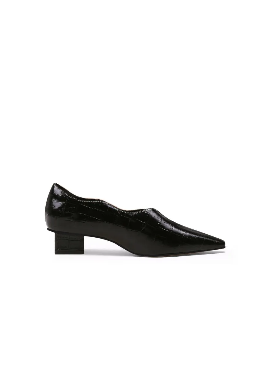 Color-Block Croc-Embossed Genuine Leather Point Toe Mid Heel Pumps - Black