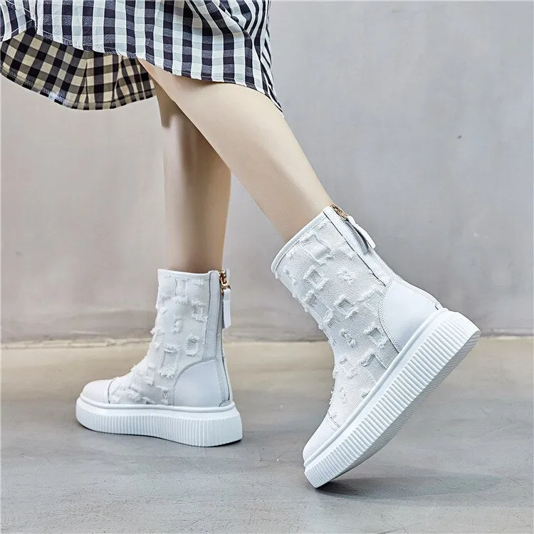 Cowhide Thick-soled Boots Canvas Breathable Women's Boots