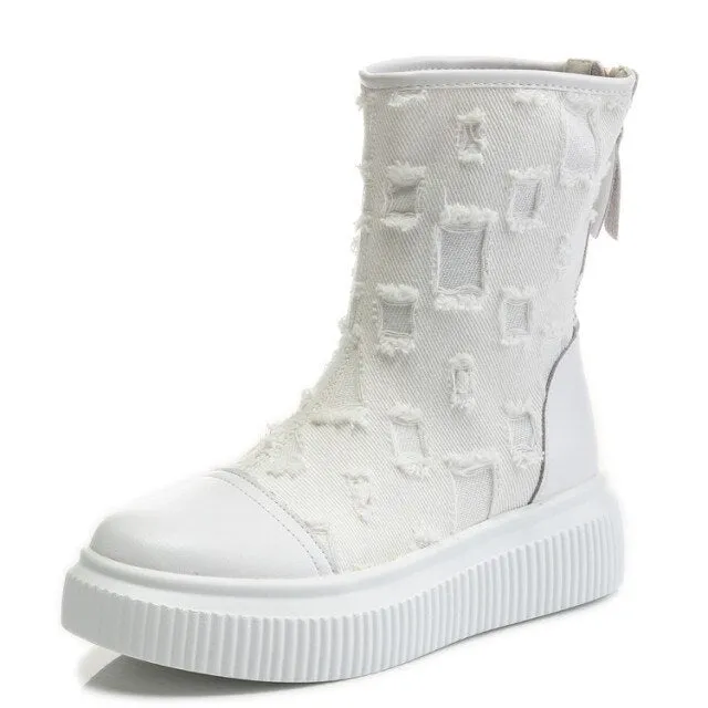 Cowhide Thick-soled Boots Canvas Breathable Women's Boots