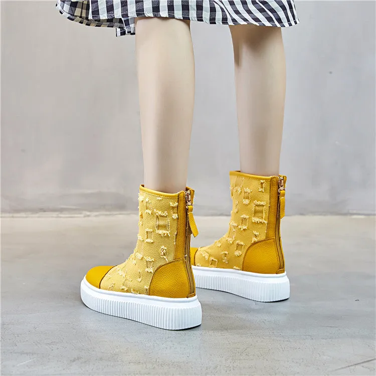 Cowhide Thick-soled Boots Canvas Breathable Women's Boots