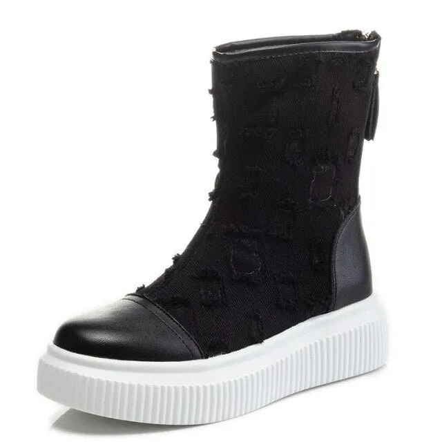 Cowhide Thick-soled Boots Canvas Breathable Women's Boots