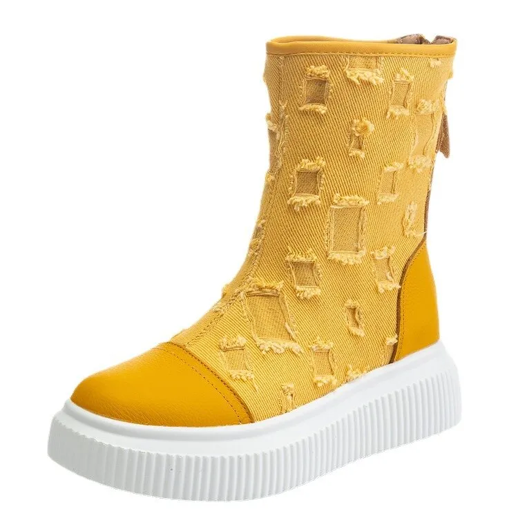 Cowhide Thick-soled Boots Canvas Breathable Women's Boots