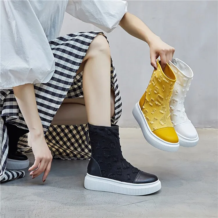 Cowhide Thick-soled Boots Canvas Breathable Women's Boots