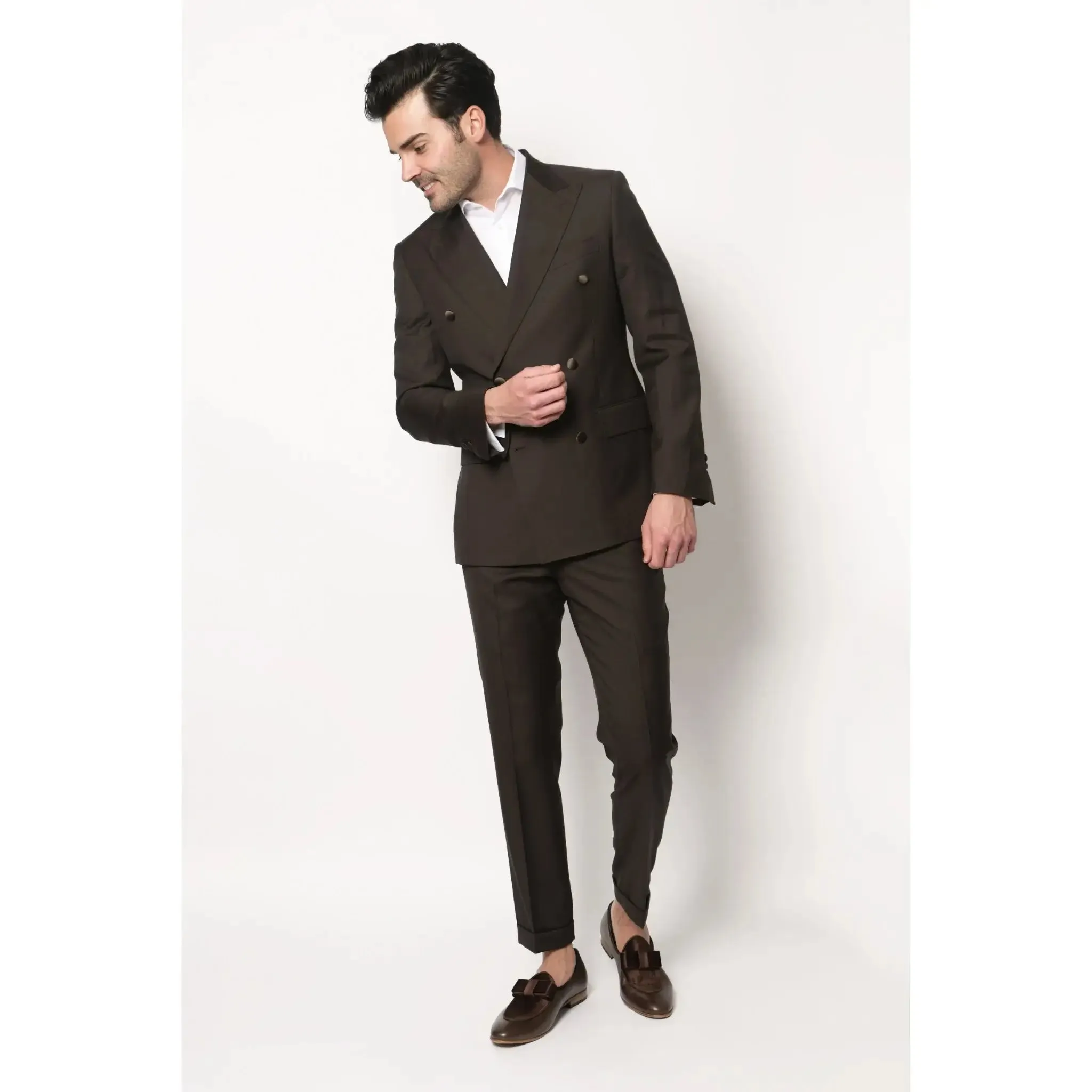 Dark Chocolate Brown Peak Lapel Double Breasted Men's Slim Fit Italian Blazer