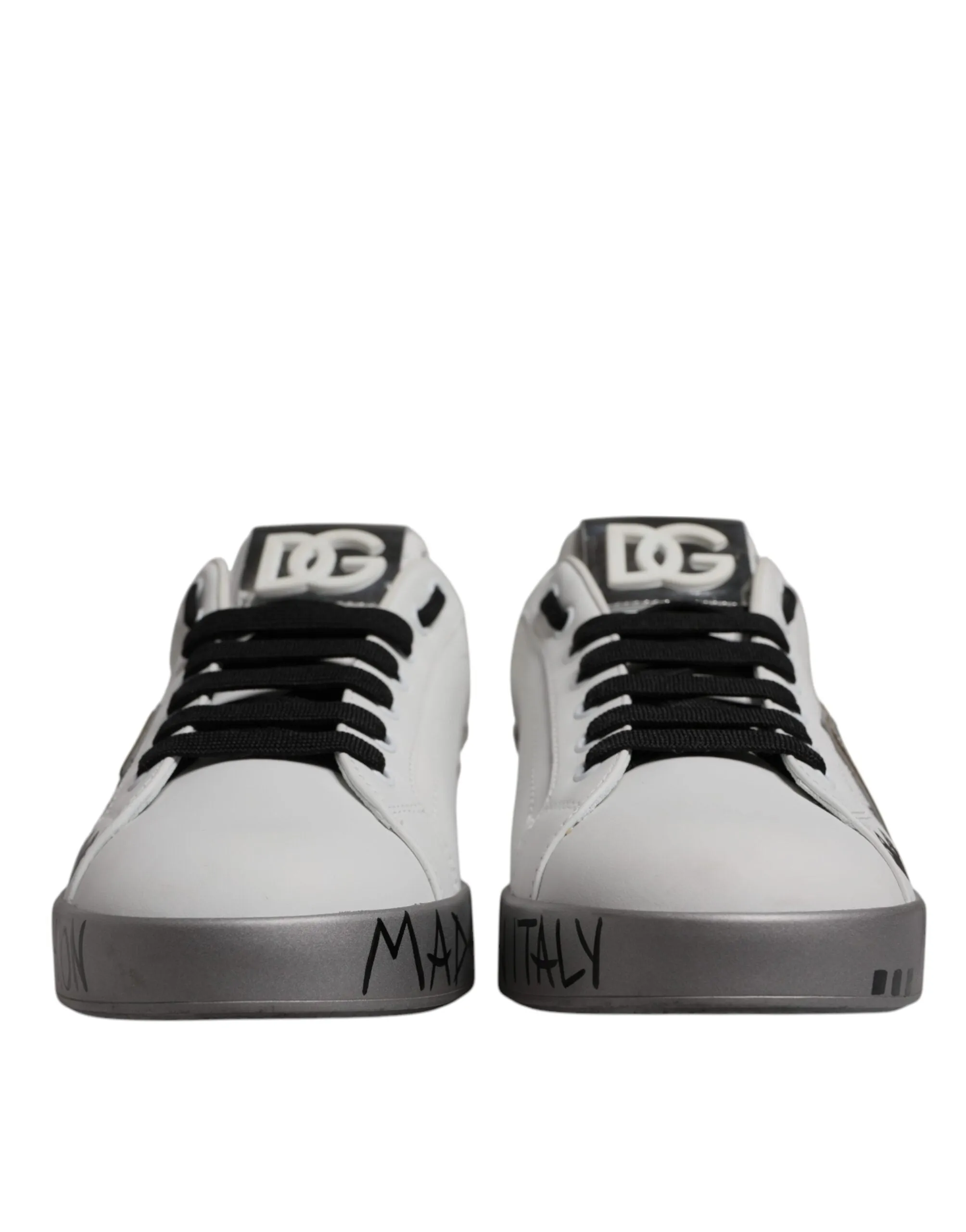 Dolce & Gabbana White Silver Crystal Logo Portofino Sneakers Shoes