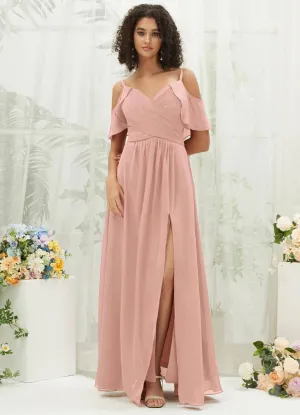 Dusty Pink Chiffon Ruffle Cold Shoulder Sweetheart Bridesmaid Dress