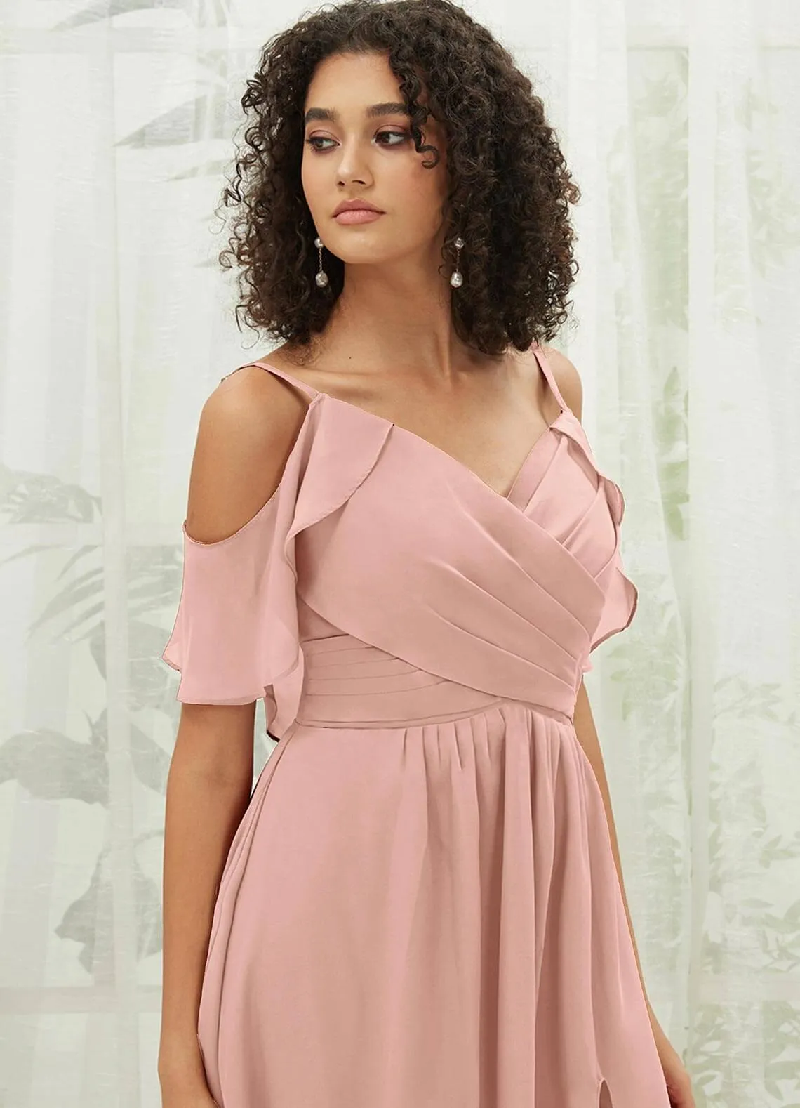 Dusty Pink Chiffon Ruffle Cold Shoulder Sweetheart Bridesmaid Dress