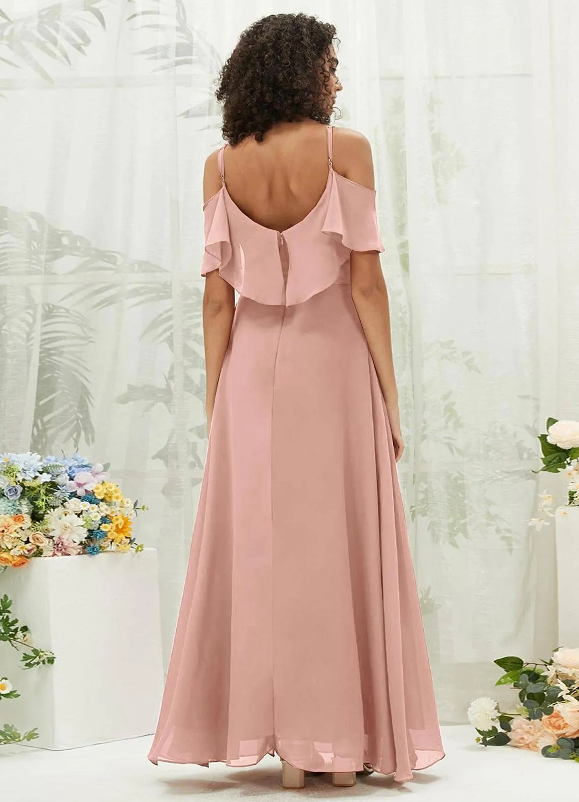 Dusty Pink Chiffon Ruffle Cold Shoulder Sweetheart Bridesmaid Dress
