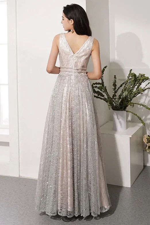 Elegant A Line V Neck Prom Dress Cheap Sequins Long Prom Dresses Evening Dress OHC467