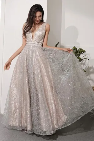 Elegant A Line V Neck Prom Dress Cheap Sequins Long Prom Dresses Evening Dress OHC467