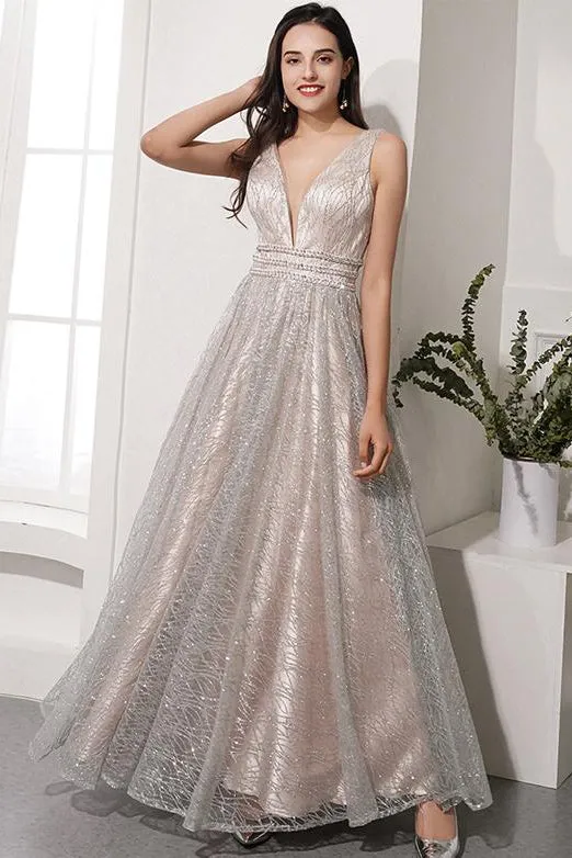 Elegant A Line V Neck Prom Dress Cheap Sequins Long Prom Dresses Evening Dress OHC467