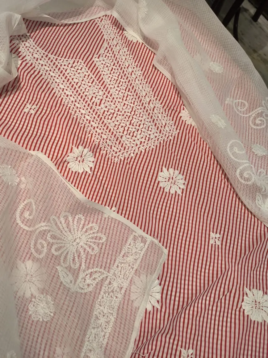 Elegant Gajri Carrot Orange Lucknowi Chikankari Cotton Salwar Kamez unstitched online