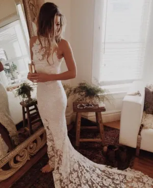 Elegant Halter Lace Bodice Wedding Bridal Dress