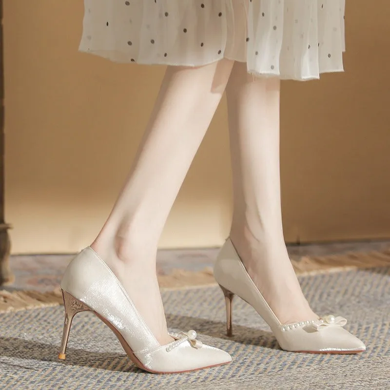 Elegant High Heels with Pearls Wedding Shoes