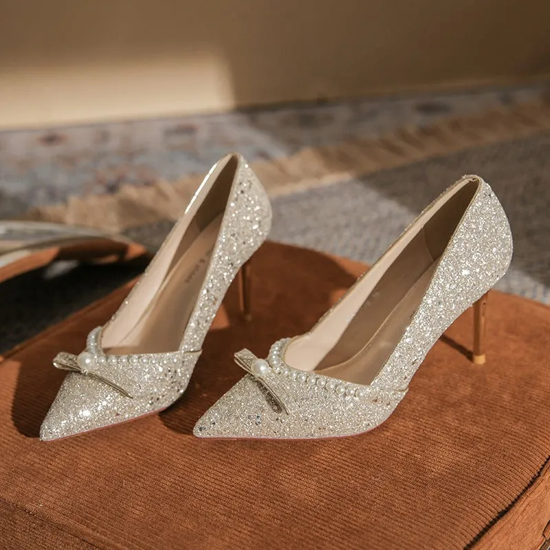 Elegant High Heels with Pearls Wedding Shoes