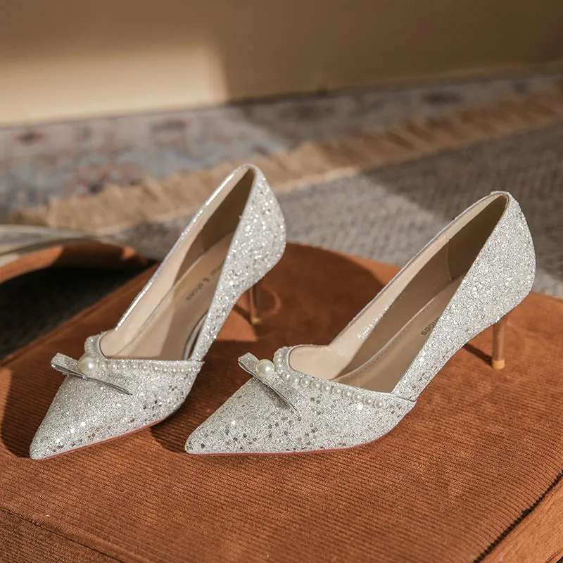 Elegant High Heels with Pearls Wedding Shoes
