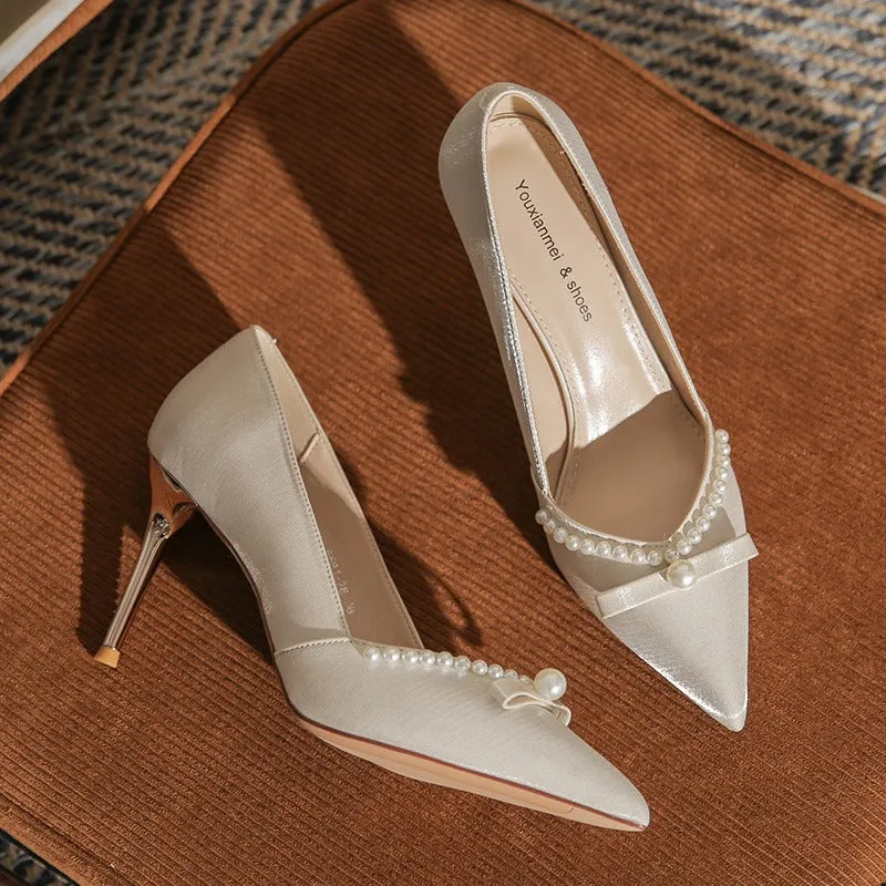 Elegant High Heels with Pearls Wedding Shoes