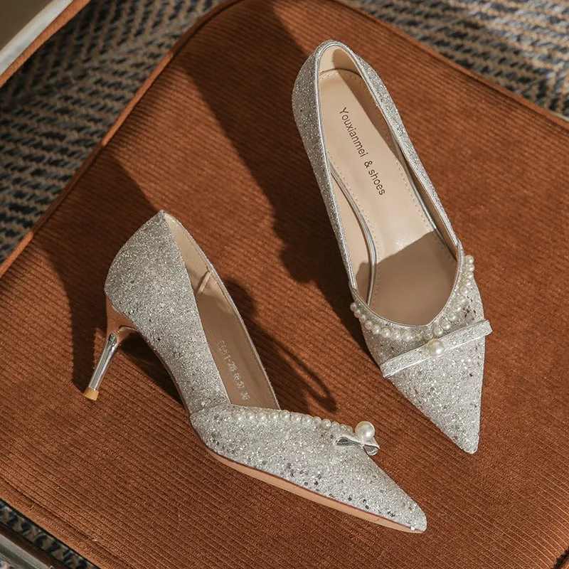 Elegant High Heels with Pearls Wedding Shoes
