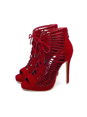 Elegant Hollow Sandals Matte Leather Platform Fine High Heel Large Size Women's Shoes