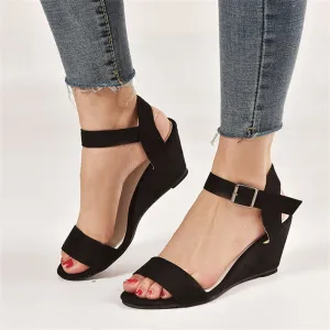Elegant Ladies Peep-toe Wedge Heels All Match Buckle Sandals