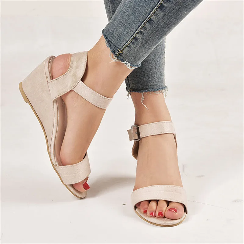 Elegant Ladies Peep-toe Wedge Heels All Match Buckle Sandals