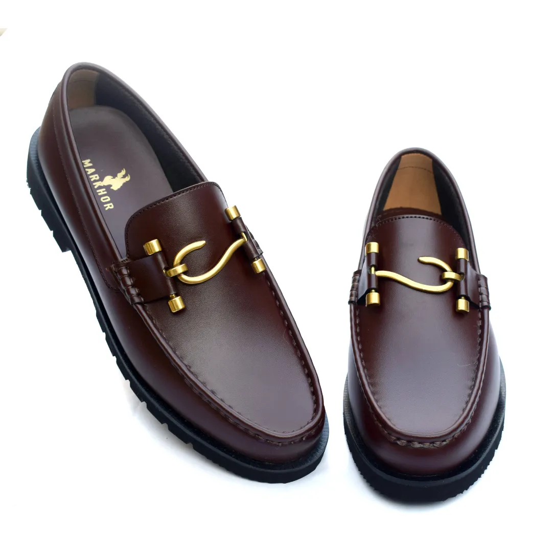 Elegant Loafers Brown  with Gold-Tone Metal Ornament MR523