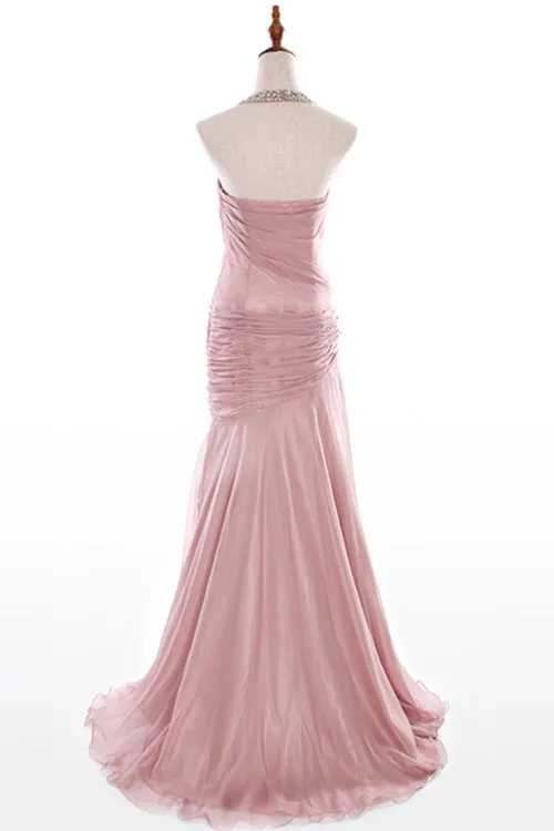 Elegant Mermaid Hater Ruched Beading Chiffon Pink Evening/Prom Dress Q8