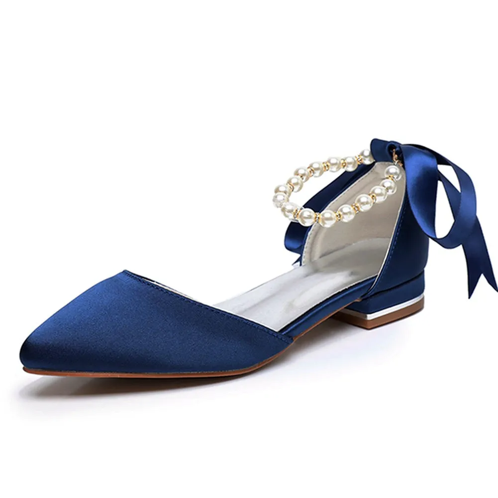 Elegant Pearl Ribbon Tie Satin Flat Heel Pointed Toe Bridal Shoes
