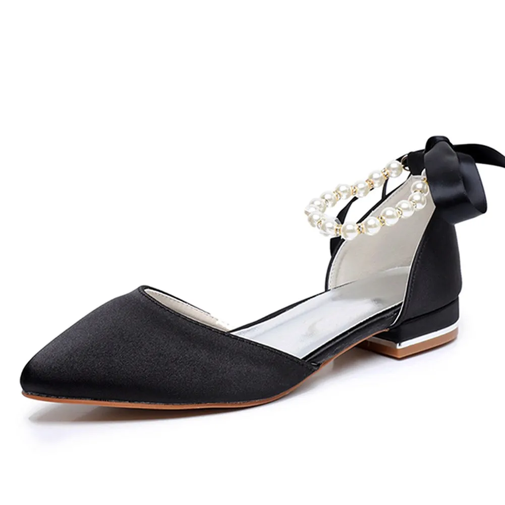 Elegant Pearl Ribbon Tie Satin Flat Heel Pointed Toe Bridal Shoes