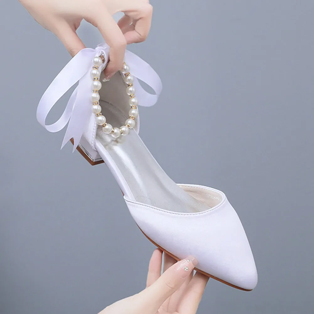 Elegant Pearl Ribbon Tie Satin Flat Heel Pointed Toe Bridal Shoes
