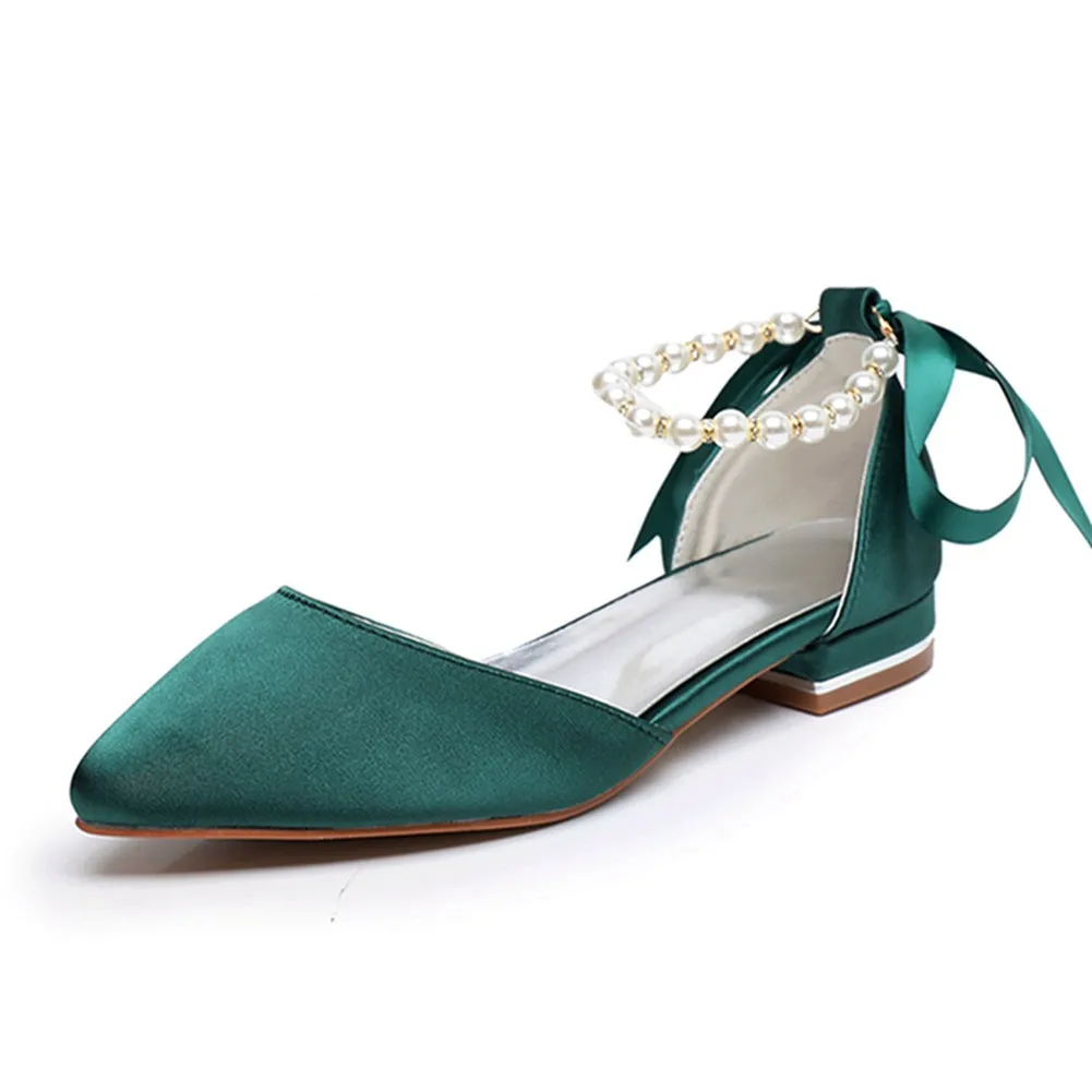Elegant Pearl Ribbon Tie Satin Flat Heel Pointed Toe Bridal Shoes