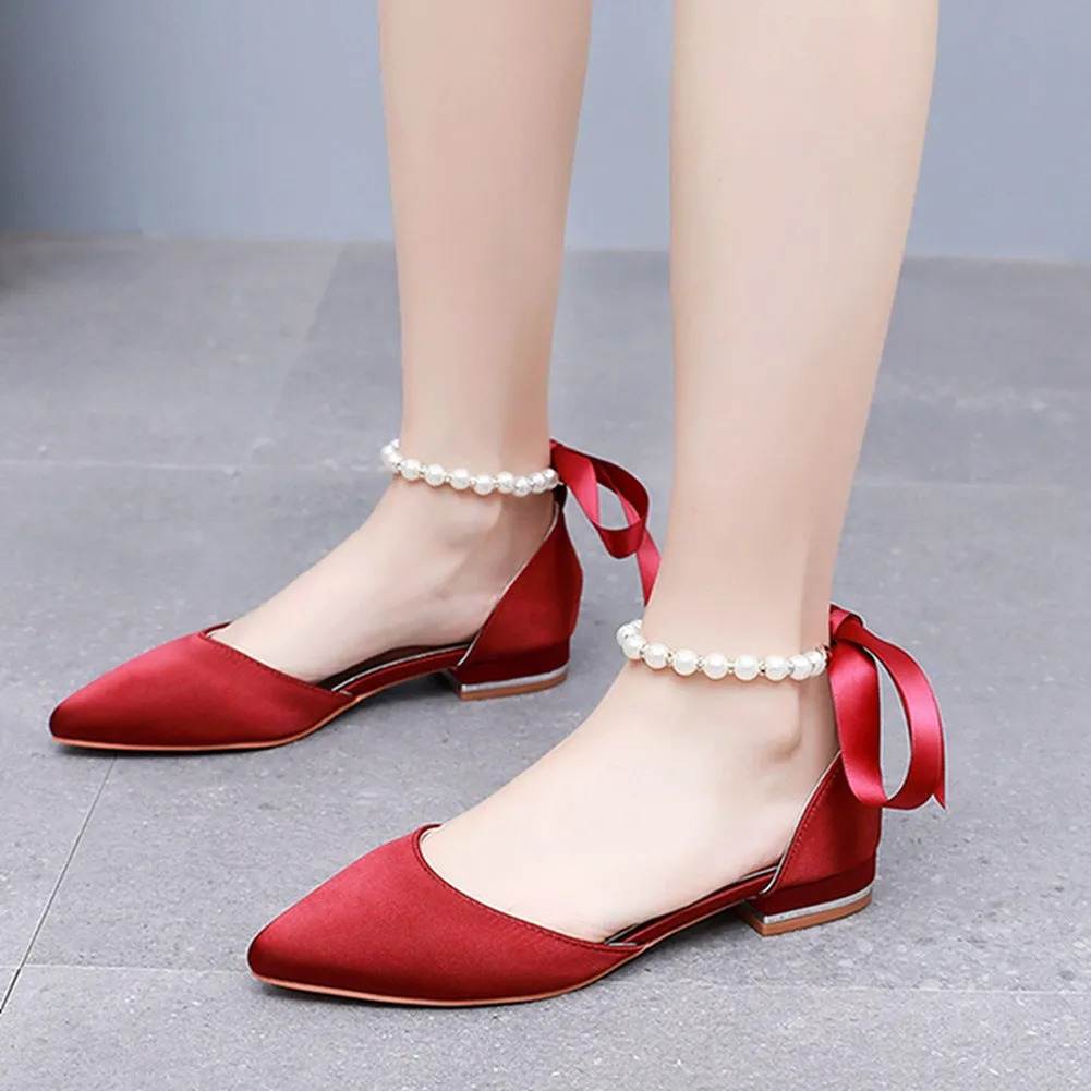 Elegant Pearl Ribbon Tie Satin Flat Heel Pointed Toe Bridal Shoes