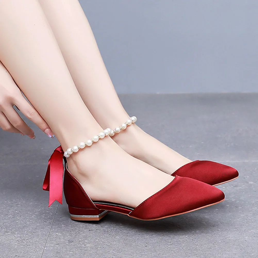 Elegant Pearl Ribbon Tie Satin Flat Heel Pointed Toe Bridal Shoes